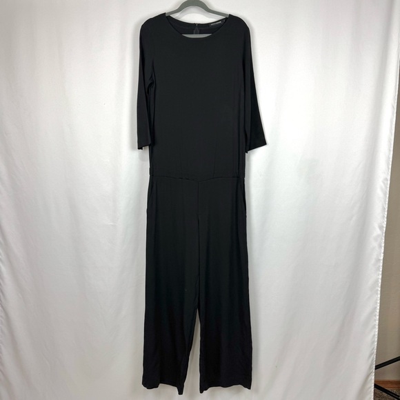 European Culture Sz L Black Sleek Business Jumpsuit 3/4 Sleeve Made In Italy - Picture 1 of 13